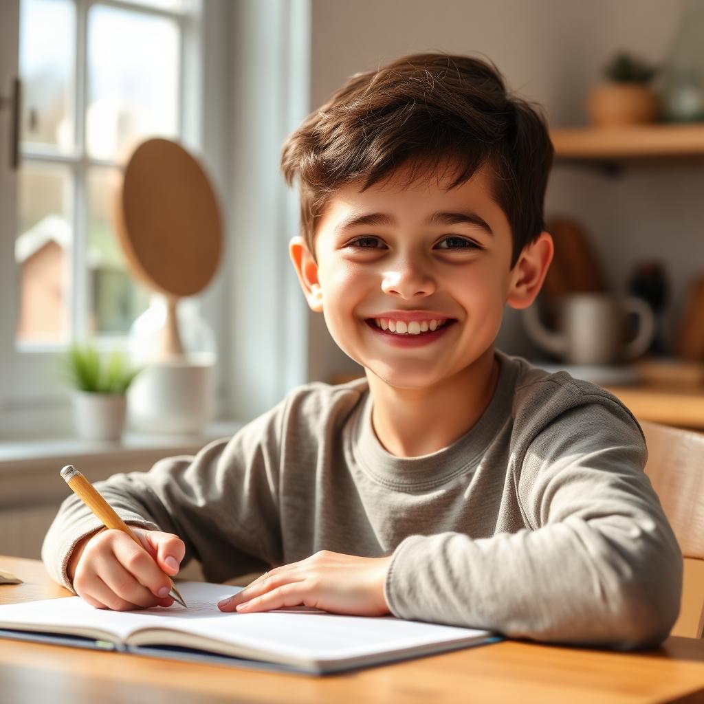 Smiling child doing homework